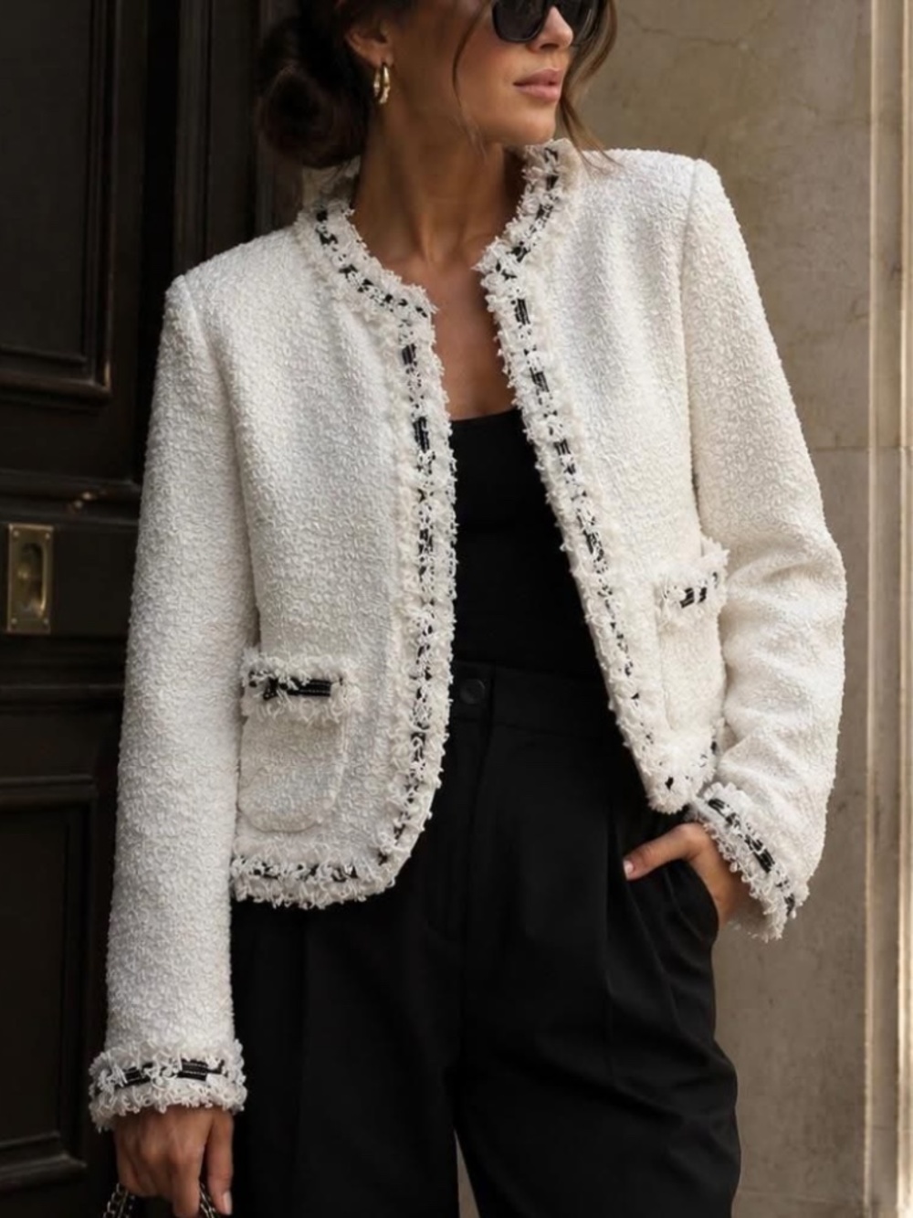 Escada Boucle Jacket Open-Front Blazer Cream Black Trim Silk Lining 36 US 6